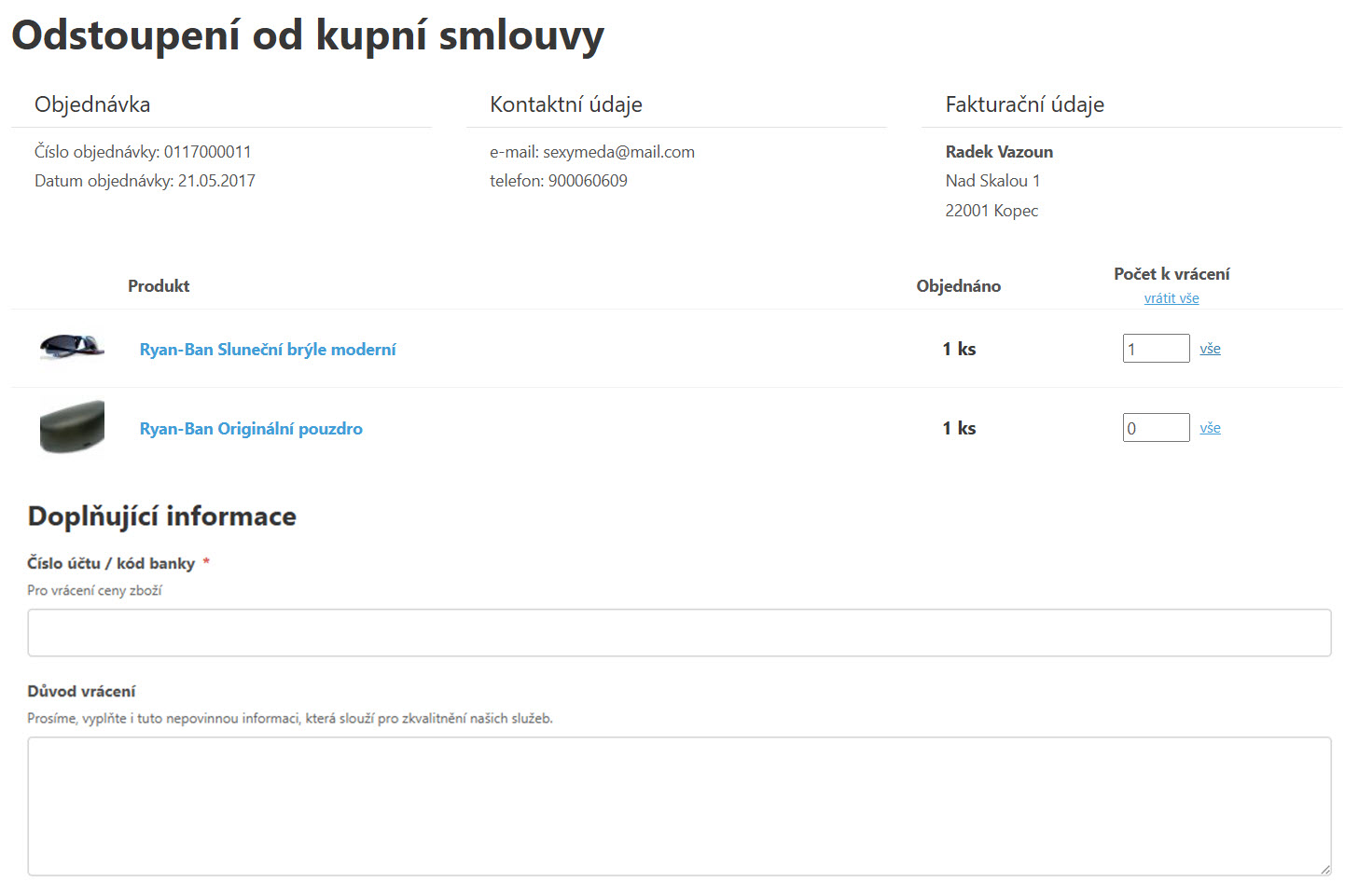 Detail objednávky na e-shopu s možností navolení kusů pro vrácení zboží