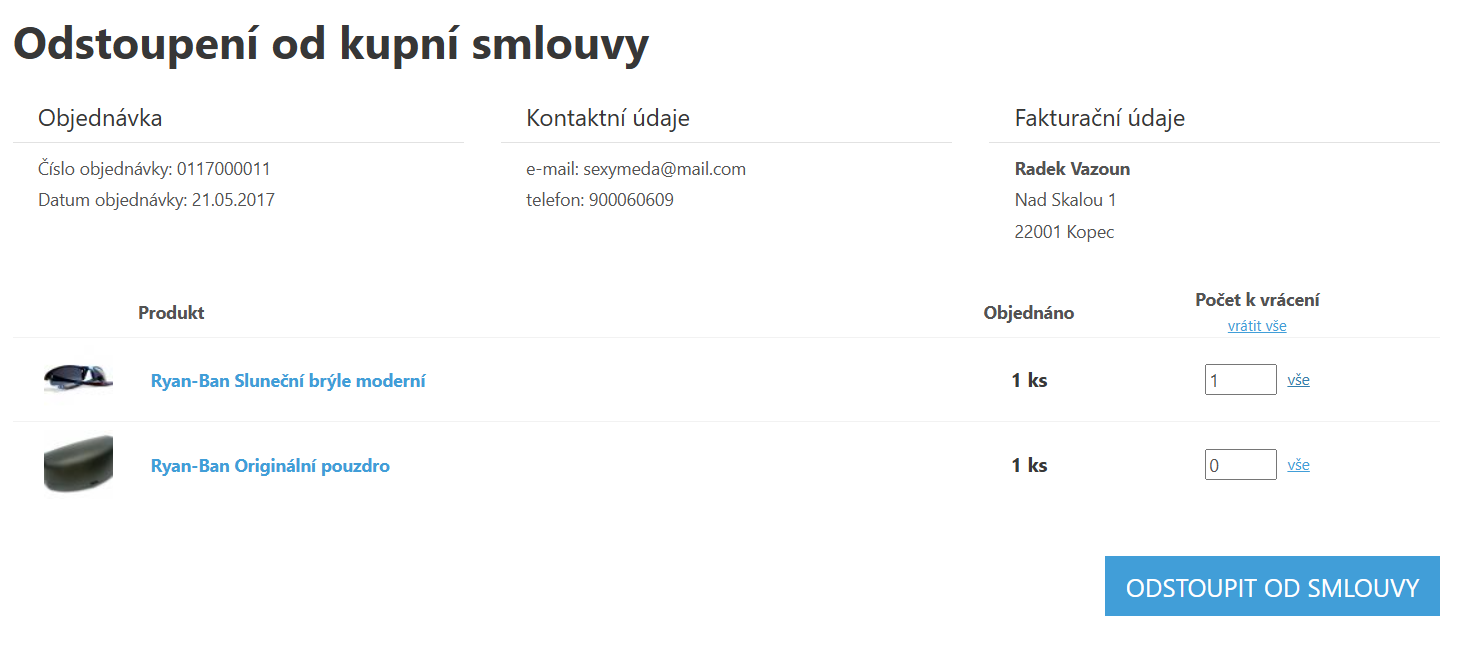 Detail objednávky na e-shopu s možností navolení kusů pro vrácení zboží