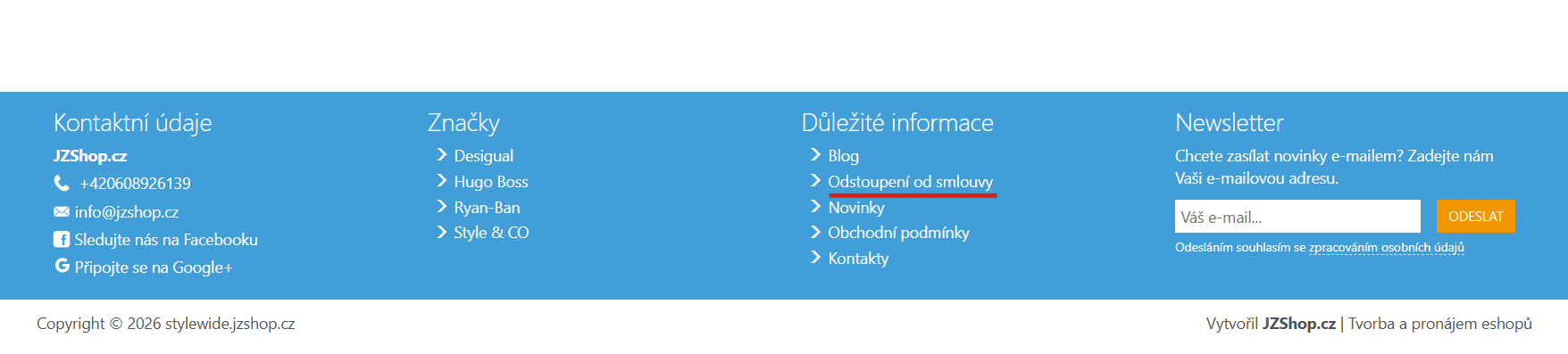 Odkaz na formulář Odstoupení od smlouvy v patičce e-shopu JZSHOP